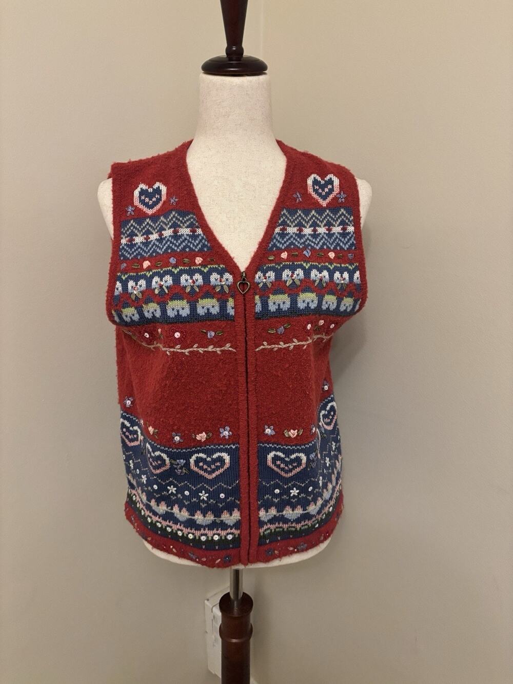 Koret City Blues Full Zip Vest Cottage Core Beaded Wool Mix whimsical Size S